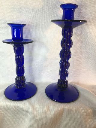 Candle Sticks Cobalt Blue Glass Encased Hand Made Vintage Size 9.  5 And 7.  5