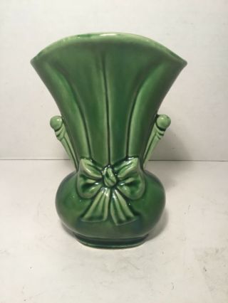 Vintage Green Vase,  Usa Pottery 819,  With Bow,  9” Tall