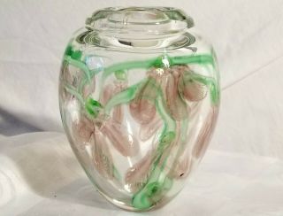 Art Glass Pink Flowers Paperweight Vase Unsigned Orient Flume Lundberg Boo Boo