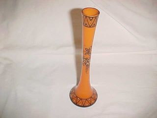 Signed Modern Czechoslovakia Orange Tango Art Deco Glass Vase Enameled Geometric