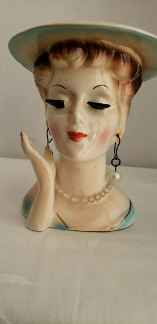 Vintage 5 " Lady Head Vase Planter With Eye Lashes And Jewelry