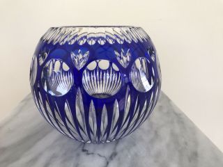 Vintage Cobalt Blue Cut To Clear Crystal Large Circle Bowl 8 " D,  H 7 ",  Open 4 "