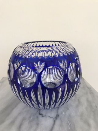 Vintage Cobalt Blue Cut To Clear Crystal Large Circle Bowl 8 