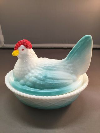 Vintage Westmoreland Hen On Nest - - White Milk Glass With Painted Accents