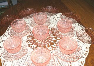 Vtg Jeannette Depression Pink Glass - 8 Tea Cups W/ 12 Saucers Buttons And Bows