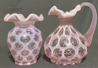 Fenton Art Glass Pink Opalescent 6 1/4 " Coin Dot Pitcher & Vase W/ Ruffled Top