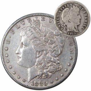 1880 S Morgan Dollar Xf Ef Extremely Fine With 1913 Barber Dime G Good
