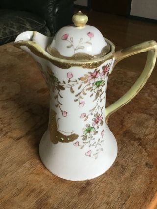 Vintage Hand Painted Nippon 10” Tall Floral Pitcher W Gold Gilt