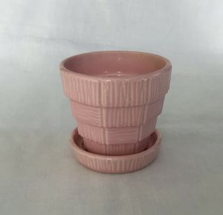 Mccoy Pottery Small Pink Basket Weave Flower Pot With Attached Saucer