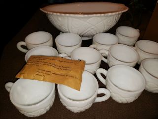 Vintage Mckee Concord White Milk Glass Punch Bowl Set 12 Cups Circa 1940s Hooks