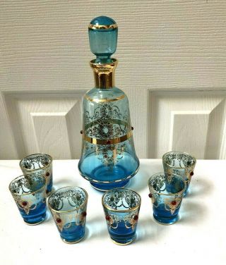 Atq Murano Venetian Blue/gold Hand Painted Jeweled Glass Decanter W/ 6 Cup Set