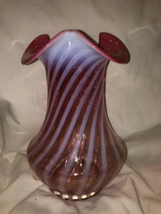 Vintage Fenton 1939 Cranberry Opalescent Spiral Optic 9 1/2” Tri - Crimp Vase