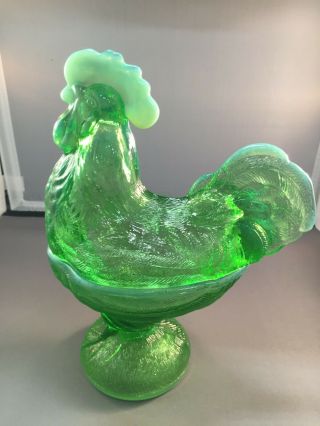 Vintage Rooster On Stand / Bowl - - Green Colored Glass