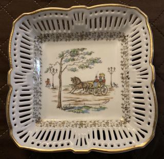 Schwarzenhammer Bavaria Reticulated Square Dish.  7” Horse And Carriage Design