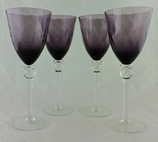Vintage ? Optic Amethyst & Clear Wine Glass Set 4 Stemware 8 1/2 " Tall Barware