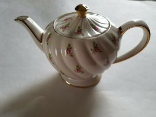 Vintage Sadler White Teapot W/ Lid,  Pink Roses Swirl England 5 1/2 " T X 9 1/2 " L