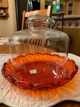 Moon And Stars Pattern Glass Le Smith Amberina Covered Cheese Dish W/ Clear Dome