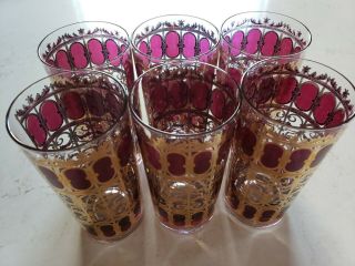 6 Vintage Cranberry Culver 22kt Gold Scroll Glasses Tumblers