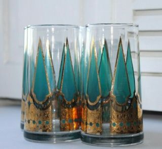 Vtg Mid Century Atomic Starlyte Turquoise Blue & Gold Highball Glasses Set Of 3