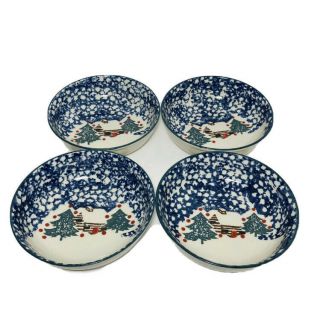 Set Of 4 Tienshan Folk Craft Cabin In The Snow Soup Cereal Bowls Blue Winter