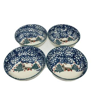 SET OF 4 Tienshan Folk Craft CABIN IN THE SNOW Soup Cereal Bowls Blue Winter 2