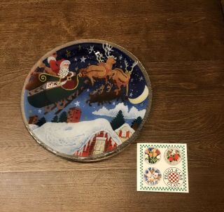 Peggy Karr Fused Art Glass Round Plate Santa Over A Roof On Christmas Eve