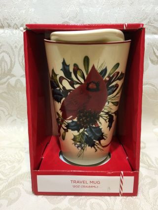 Lenox Winter Greetings Travel Mug Red Cardinal Bird Porcelain Top Winter Scene