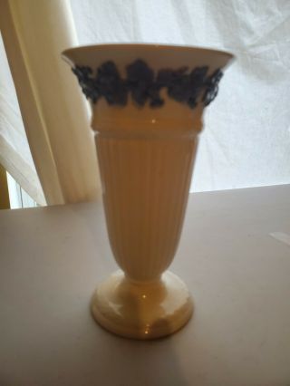Wedgwood Embossed Queensware Blue On Cream Footed Vase 6.  5 "
