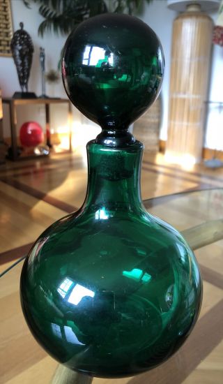 Vtg Blenko Mid Century Art Green Glass Small Decanter Stopper Bulb Design 8.  5”