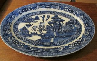 Vintage Blue Willow 12 " Oval Serving Platter Made In Japan Wreath Crown Mark
