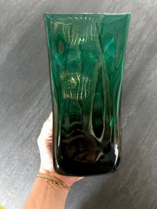 Blenko Mid Century Modern Handblown Vase Green Paper Bag 8.  5”