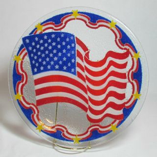 Peggy Karr Signed Fused Glass American Flag Plate 11 Inches Dated 2001