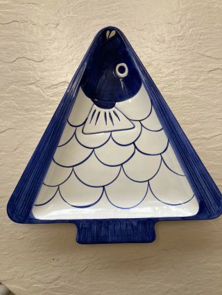 Zanolli Hand Painted Fish Ceramic Platter Tree Shaped Blue White Pottery Italy