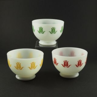 3 Vintage Fire King Tulip Cottage Cheese Bowls,  Red Green Yellow /g