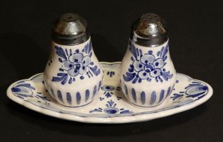 Vintage Delft Holland Blue White 3 Piece Condiment Set Salt Pepper Tray Lovely