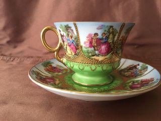 Victorian Vintage Couple Lovers Tea Cup Saucer Green Y G1169