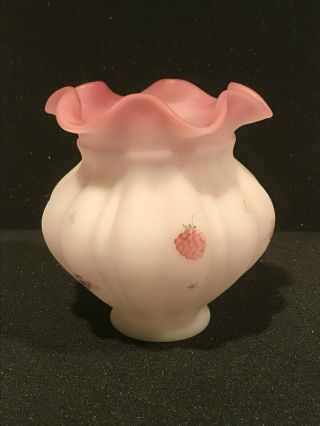 Authentic Fenton Whte Pink Satin Melon Ruffled Vase Hand Painting Signed