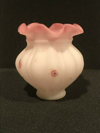 Authentic Fenton Whte Pink Satin Melon Ruffled Vase Hand Painting Signed 2