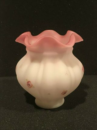 Authentic Fenton Whte Pink Satin Melon Ruffled Vase Hand Painting Signed 3