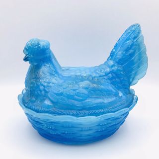 Vintage Lg.  Blue Slag Milk Glass Hen On Nest Basket Covered Dish 8 "