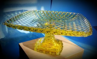 " One Of A Kind " Square Yellow/gold Glass Pedestal Cake Stand Rare Le Smith (?)