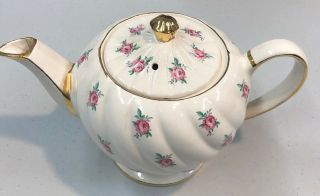 Vintage Sadler Teapot Cream With Pink Roses Swirl Gold Trim Made In England