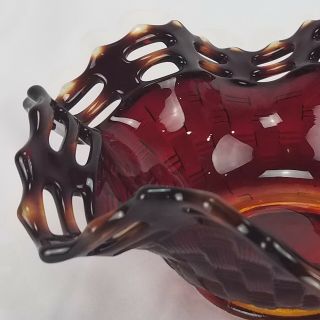 Fenton Carnival Glass Basket Weave Ruffled Pierced Edge Bowl Dish Red Amberina