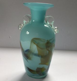 Aqua Blue Art Glass Vase Olive Green Multicolored Marbling Urn Shape Clear Cased