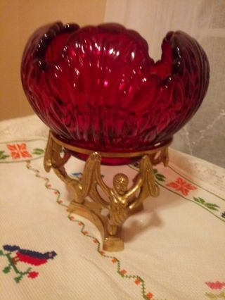 Fenton Art Glass Exquisite Holiday Cheer Ruby Red Bowl Vase With Brass Stand Of
