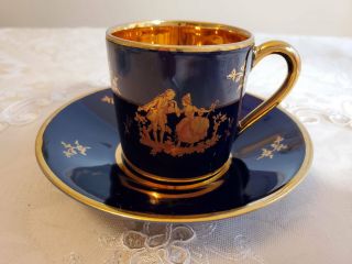 Vintage Limoges Cobalt Blue Gold Demitasse Tea Cup And Saucer