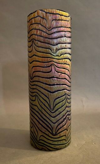 Old Bohemian Loetz Kralik Cylindrical Iridescent Art Glass Vase W Webbing 10 "