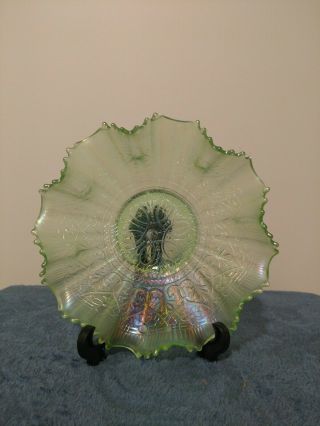 Northwood Carnival Glass Hearts & Flowers Ice Green Ruffled Bowl