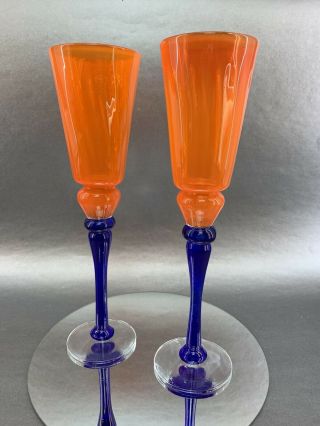 Hand Blown Signed Studio Hand Blown Art Glass 1999 Champagne Flute 11” Orange
