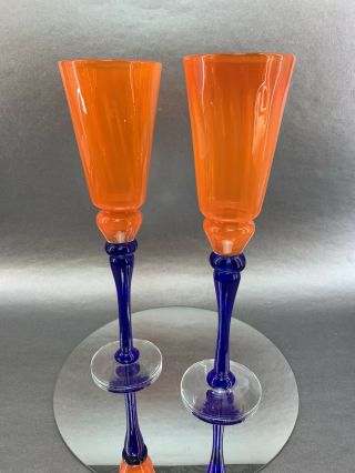 Hand Blown Signed Studio Hand Blown Art Glass 1999 Champagne Flute 11” Orange 2